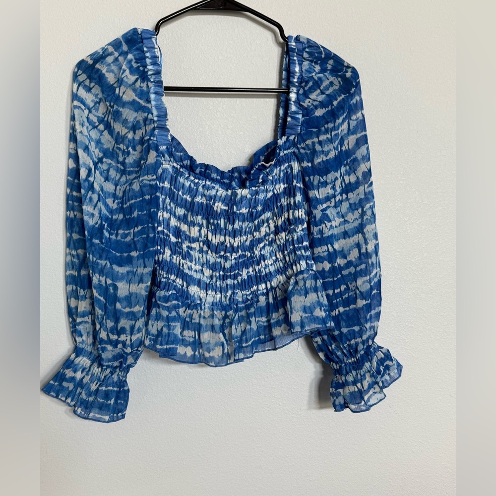 Zara Blue and White Smocked Blouse